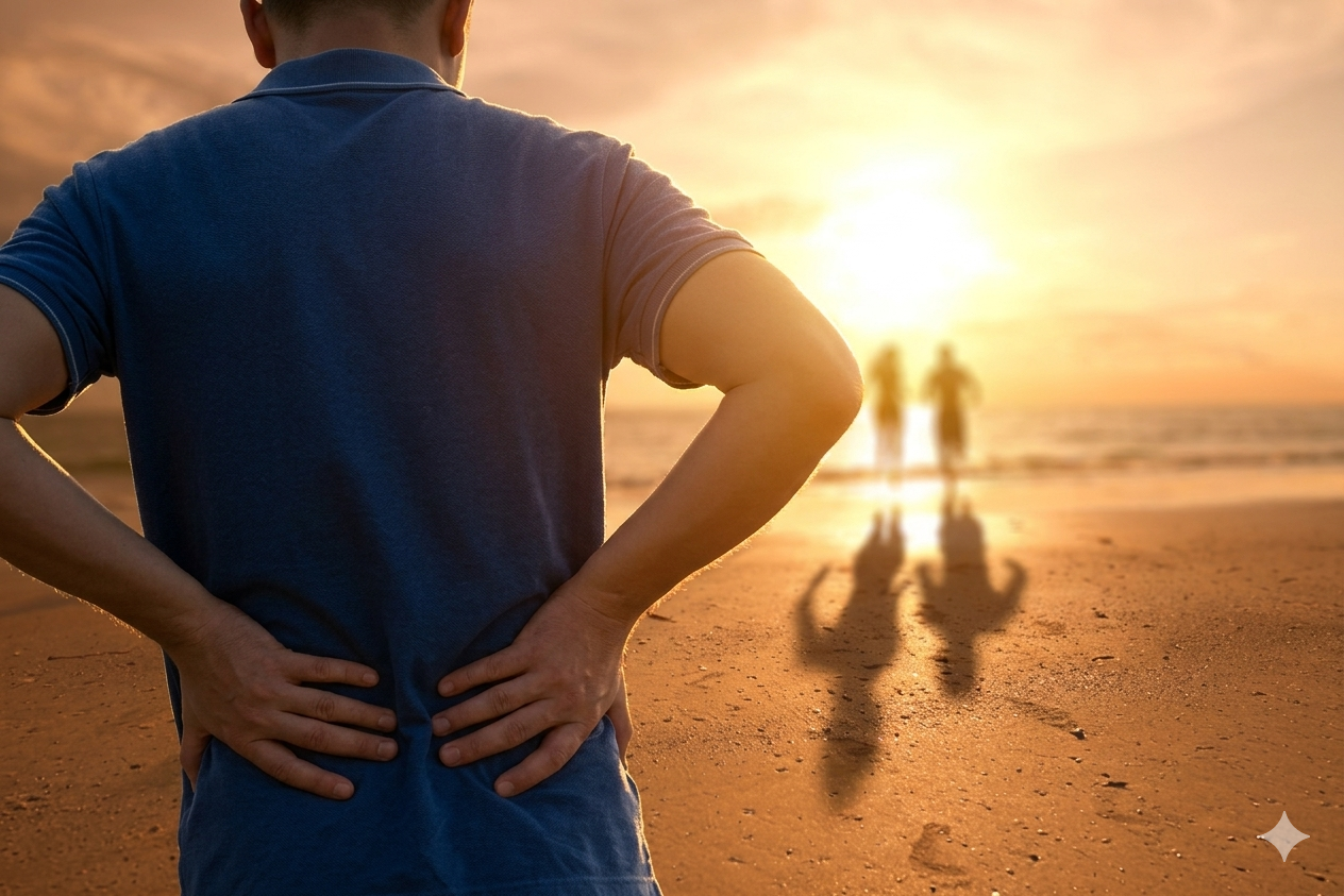 Persona con dolor de espalda en la playa